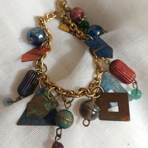 Vintage Abstract Metal art beaded Boho Goldtone  Cornucopia Charm Bracelet